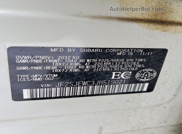 JF2SJEWC3JH519021 2018 SUBARU FORESTER 2.5I TO Кремовый Вид наклейки с VIN-кодом