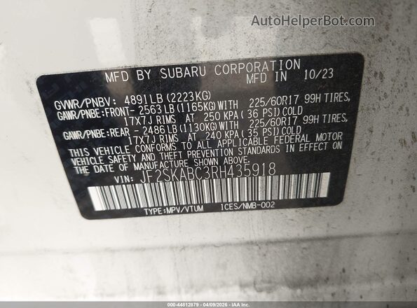 JF2SKABC3RH435918 2024 SUBARU FORESTER Белый Вид подкапотного пространства
