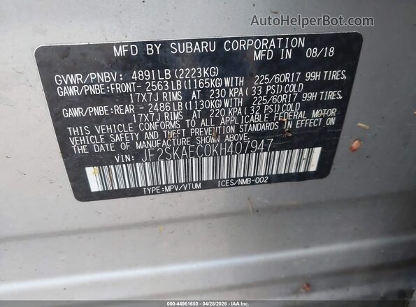 JF2SKAEC0KH407947 2019 SUBARU FORESTER Серебряный Вид подкапотного пространства