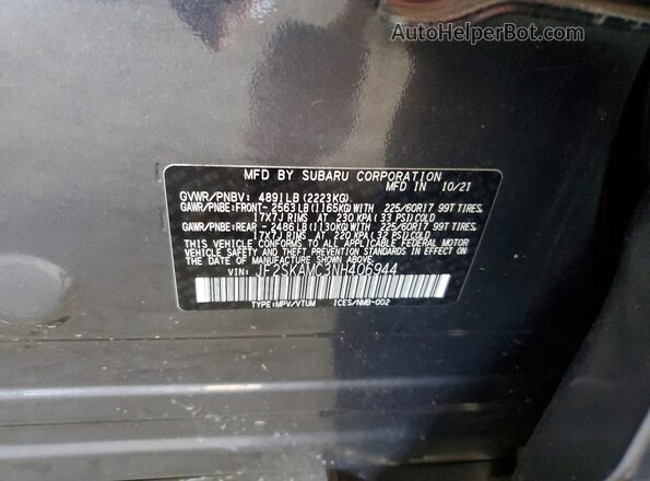 JF2SKAMC3NH406944 2022 SUBARU FORESTER Серый Вид наклейки с VIN-кодом