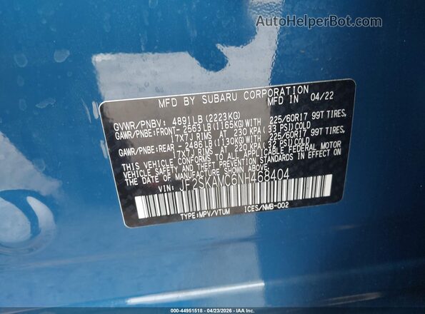 JF2SKAMC6NH468404 2022 SUBARU FORESTER Blue Вид підкапотного простору