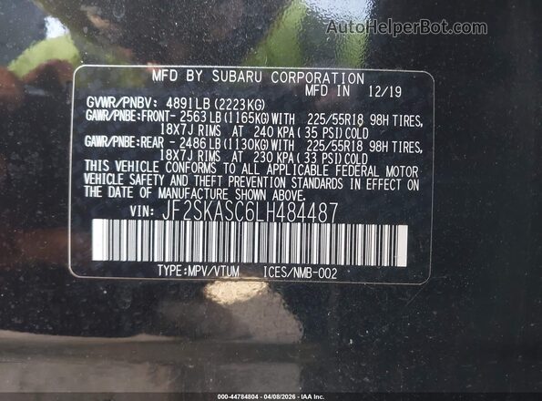 JF2SKASC6LH484487 2020 SUBARU FORESTER Черный Вид подкапотного пространства