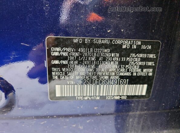 JF2SLDFC8SH491691 2025 SUBARU FORESTER Blue VIN კოდის სტიკერის ხედი