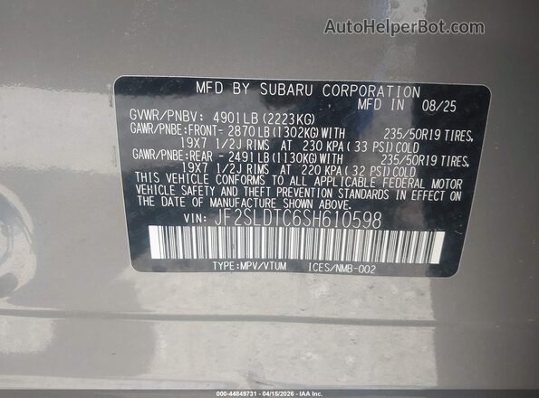 JF2SLDTC6SH610598 2025 SUBARU FORESTER Серый Вид подкапотного пространства