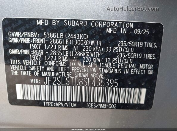 JF2SLSTD8SH435395 2025 SUBARU FORESTER Silver Vista del compartimento del motor