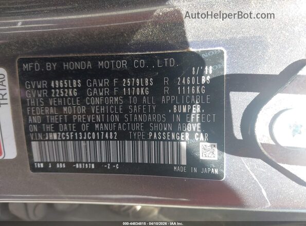 JHMZC5F13JC017482 2018 HONDA CLARITY PLUG-IN HYBRID Gray ძრავის განყოფილების ხედი