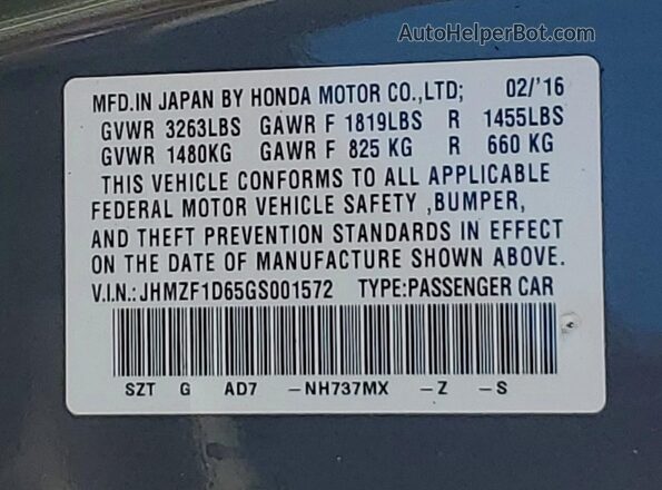 JHMZF1D65GS001572 2016 HONDA CR-Z Фиолетовый Вид наклейки с VIN-кодом