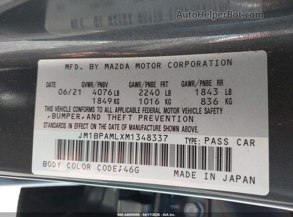 JM1BPAMLXM1348337 2021 MAZDA 3 Gray ძრავის განყოფილების ხედი