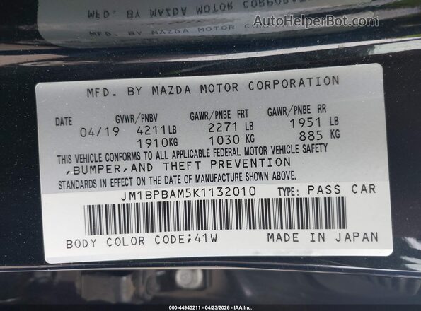 JM1BPBAM5K1132010 2019 MAZDA 3 Black Շարժիչի բաժամունքի տեսք