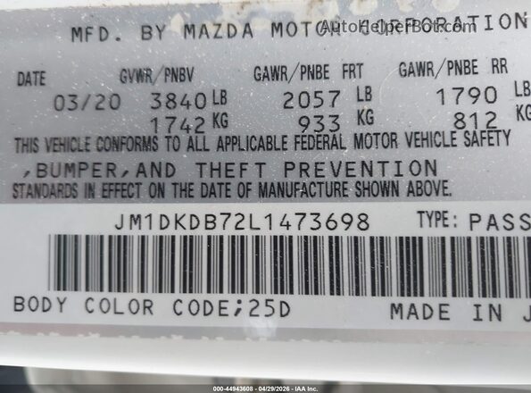 JM1DKDB72L1473698 2020 MAZDA CX-3 White Widok komory silnika