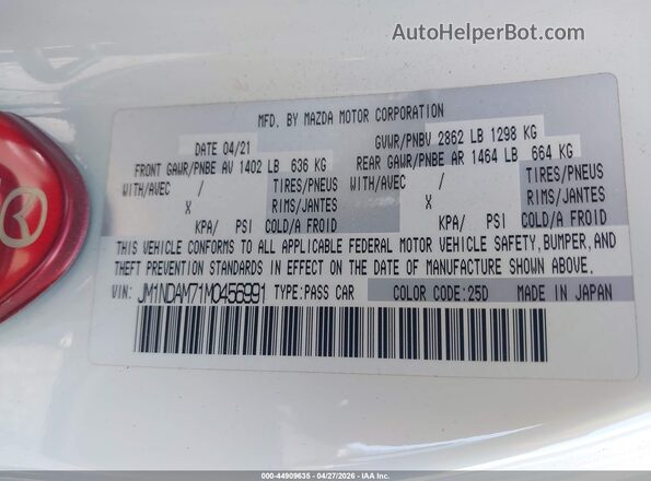 JM1NDAM71M0456991 2021 MAZDA MX-5 MIATA RF White ძრავის განყოფილების ხედი