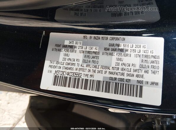 JM3TCBCY4K0305562 2019 MAZDA CX-9 Blue Vista del compartimento del motor