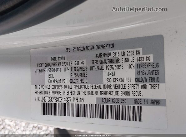 JM3TCBCY8K0314927 2019 MAZDA CX-9 White Vista del compartimento del motor