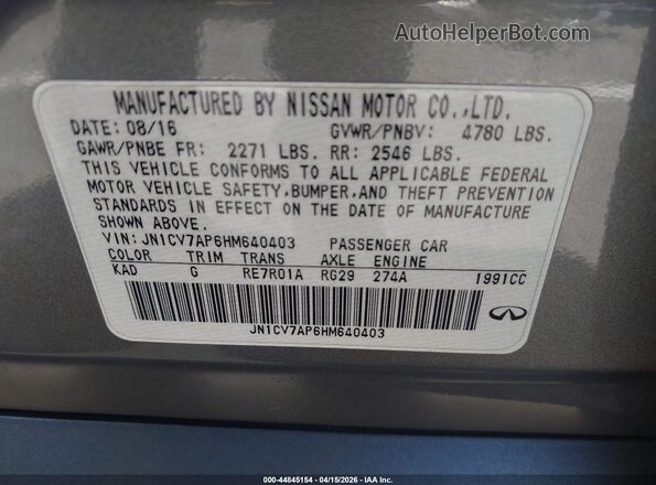 JN1CV7AP6HM640403 2017 INFINITI Q50 Серебряный Вид подкапотного пространства