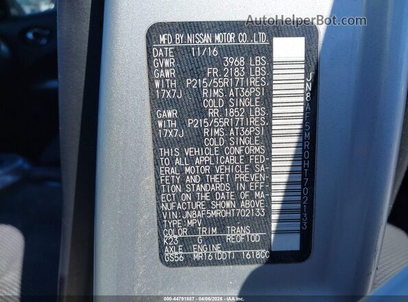 JN8AF5MR0HT702133 2017 NISSAN JUKE Silver Vista del compartimento del motor