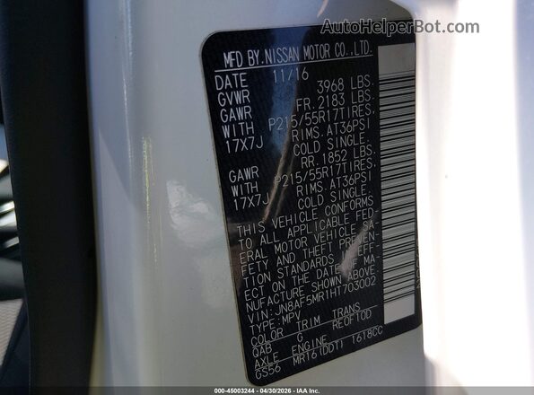 JN8AF5MR1HT703002 2017 NISSAN JUKE White Вид підкапотного простору