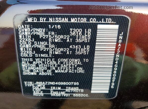 JN8AZ2ND4G9800795 2016 INFINITI QX80 Темно-бордовый Вид наклейки с VIN-кодом