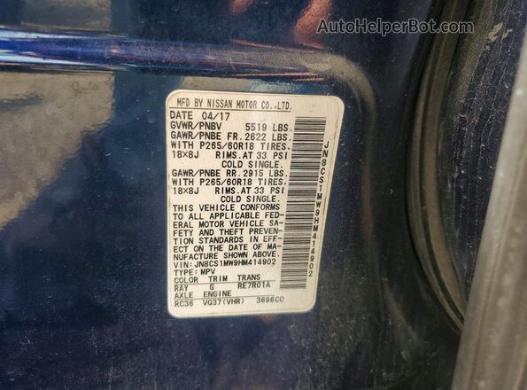 JN8CS1MW9HM414902 2017 INFINITI QX70 Blue Вид підкапотного простору