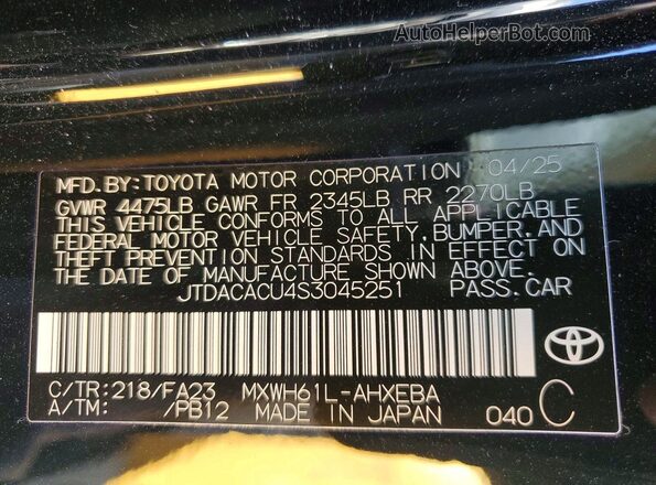 JTDACACU4S3045251 2025 TOYOTA PRIUS Черный Вид наклейки с VIN-кодом