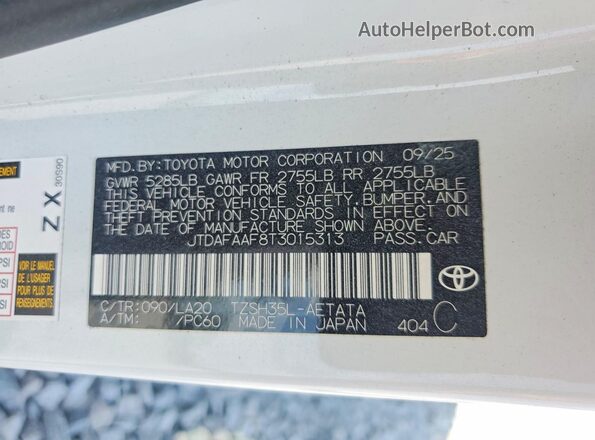 JTDAFAAF8T3015313 2026 TOYOTA CROWN Белый Вид наклейки с VIN-кодом