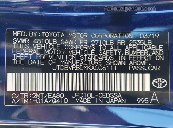 JTDBVRBDXKA006111 2019 TOYOTA MIRAI Blue Engine compartment view