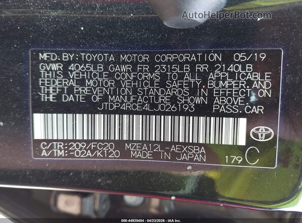 JTDP4RCE4LJ026193 2020 TOYOTA LL Black Engine compartment view