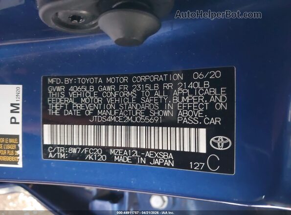 JTDS4MCE2MJ055691 2021 TOYOTA LL Blue Vista del compartimento del motor