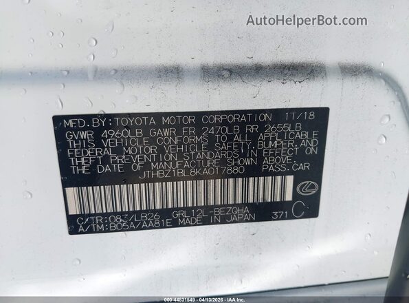JTHBZ1BL8KA017880 2019 LEXUS GS 350 White ძრავის განყოფილების ხედი