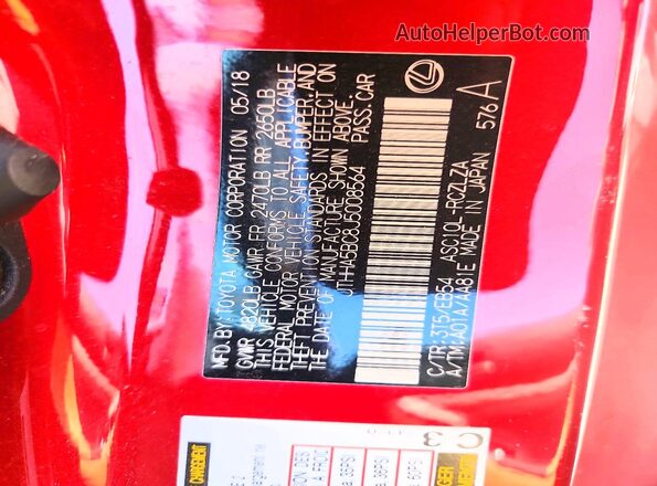 JTHHA5BC8J5008564 2018 LEXUS RC Red VIN კოდის სტიკერის ხედი