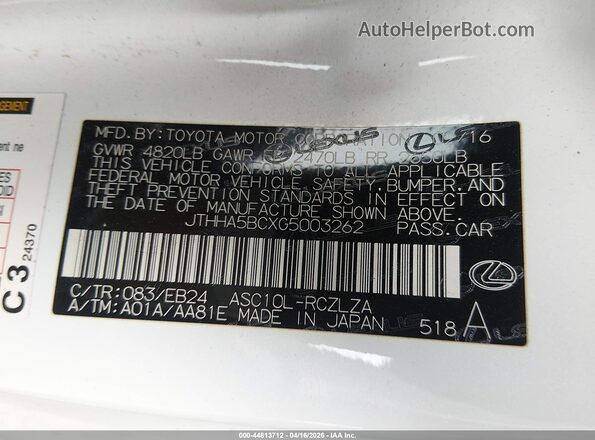 JTHHA5BCXG5003262 2016 LEXUS RC 200T White Widok komory silnika