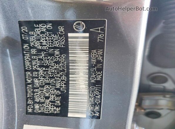 JTHP9JBH7L2032996 2020 LEXUS UX Серый Вид наклейки с VIN-кодом