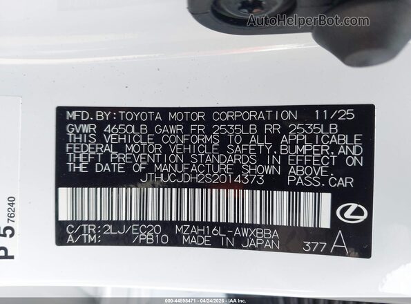 JTHUCJDH2S2014373 2025 LEXUS UX 300H White Widok komory silnika