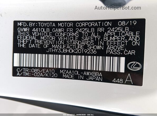 JTHY3JBH0K2019236 2019 LEXUS UX 200 White Engine compartment view