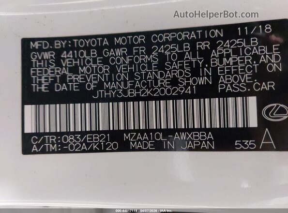 JTHY3JBH2K2002941 2019 LEXUS UX 200 White Շարժիչի բաժամունքի տեսք