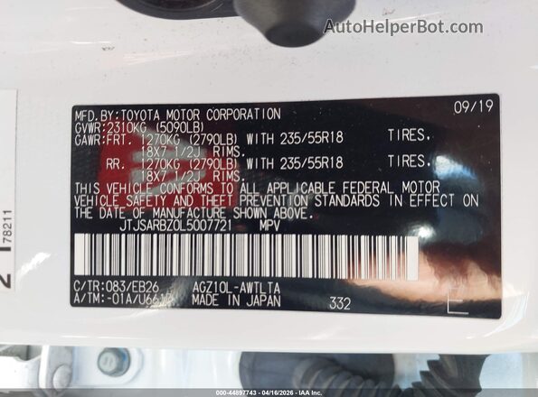 JTJSARBZ0L5007721 2020 LEXUS NX 300 White Engine compartment view