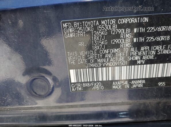 JTMAB3FV9ND091501 2022 TOYOTA RAV4 PRIME Blue Widok komory silnika