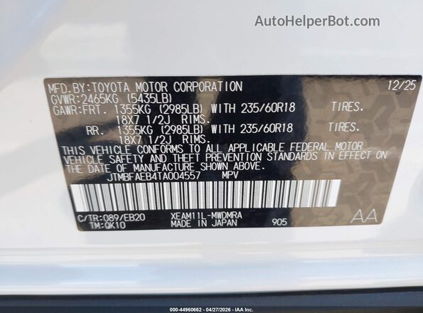 JTMBFAEB4TA004557 2026 TOYOTA LE Белый Вид подкапотного пространства