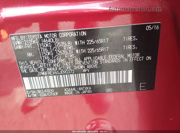 JTMBFREV6GJ090372 2016 TOYOTA LE Red Widok komory silnika