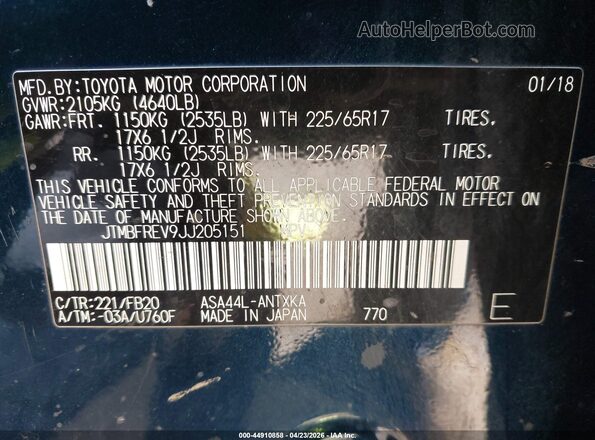 JTMBFREV9JJ205151 2018 TOYOTA LE Blue Շարժիչի բաժամունքի տեսք