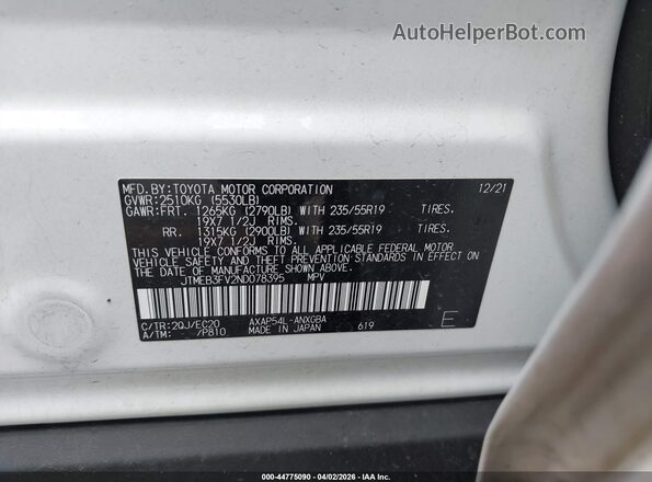 JTMEB3FV2ND078395 2022 TOYOTA RAV4 PRIME White Widok komory silnika