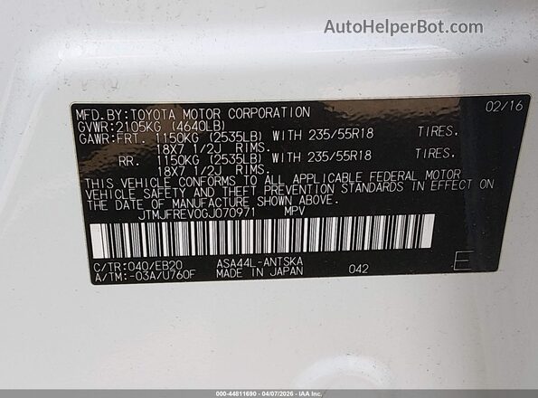JTMJFREV0GJ070971 2016 TOYOTA RAV4 White Engine compartment view