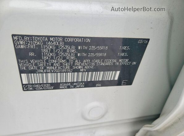 JTMJFREV7GD189762 2016 TOYOTA RAV4 White Widok naklejki z numerem VIN