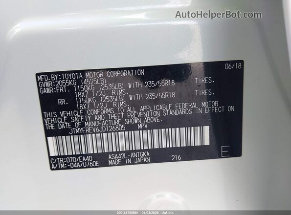 JTMYFREV6JD126805 2018 TOYOTA LIMITED White ძრავის განყოფილების ხედი