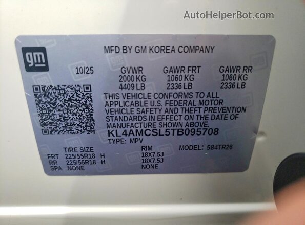 KL4AMCSL5TB095708 2026 BUICK ENCORE White VIN კოდის სტიკერის ხედი