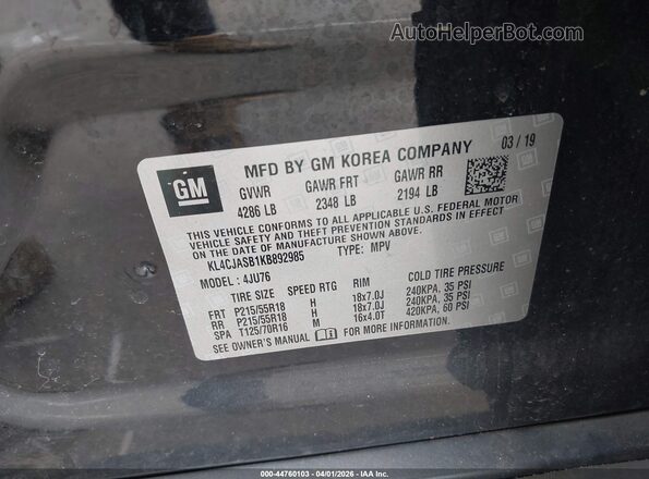 KL4CJASB1KB892985 2019 BUICK ENCORE Black Widok komory silnika