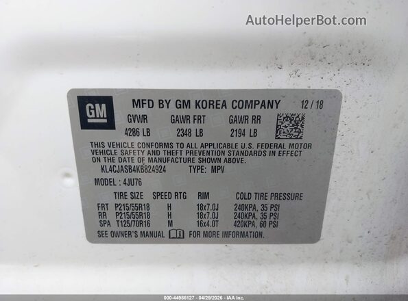 KL4CJASB4KB824924 2019 BUICK ENCORE White Շարժիչի բաժամունքի տեսք