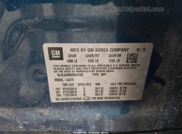 KL4CJASB5KB942402 2019 BUICK ENCORE Синий Вид подкапотного пространства