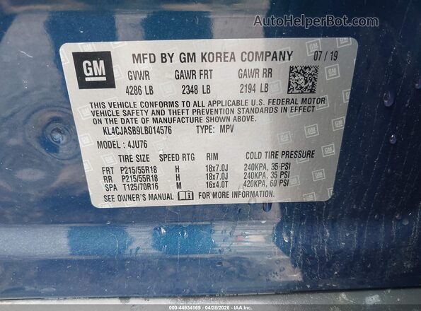 KL4CJASB9LB014576 2020 BUICK ENCORE Blue Widok komory silnika