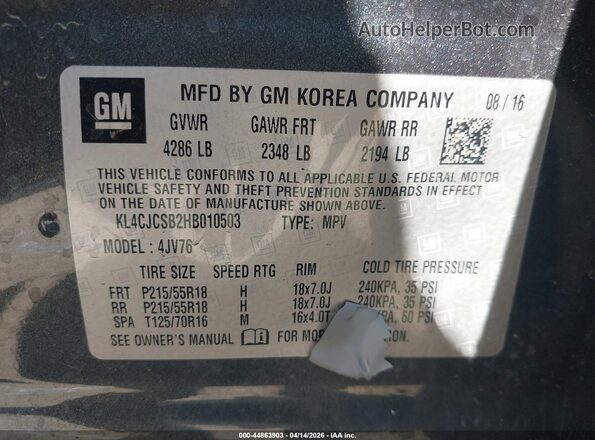 KL4CJCSB2HB010503 2017 BUICK ENCORE Gray ძრავის განყოფილების ხედი