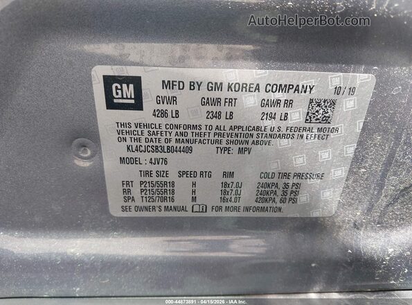 KL4CJCSB3LB044409 2020 BUICK ENCORE Gray Vista del compartimento del motor